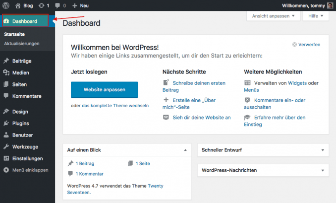 WordPress Tutorial Das WordPress Dashboard