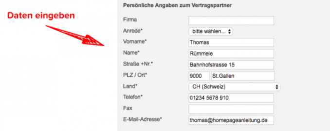 Webhosting bestellen - Daten eingeben