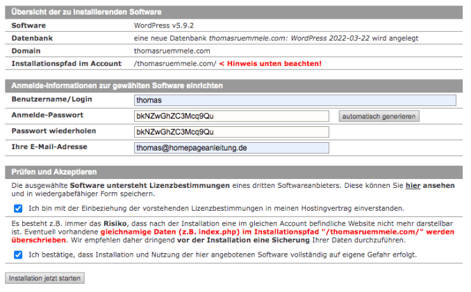 WordPress Installation starten